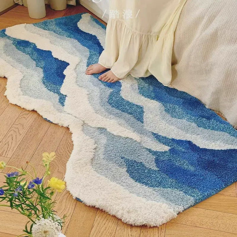 Blauw Zee Golf Vloerkleed - Esthetisch Slaapkamer & Corridor Tapijt