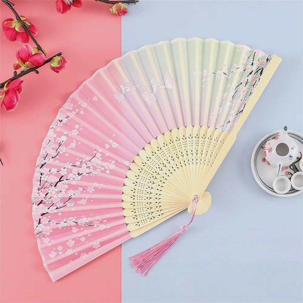 Vintage Zijden Vouwbare Handwaaier - Chinees/Japans Bamboe, Perfect voor Dans & Decoratie