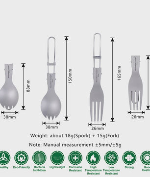 Titanium Camping Bestek Set - Opvouwbaar Lepel, Vork, Spork & Eetstokjes voor Outdoor Picknick