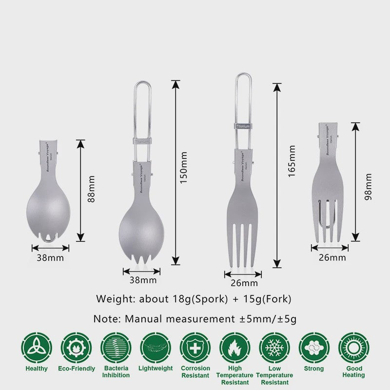 Titanium Camping Bestek Set - Opvouwbaar Lepel, Vork, Spork & Eetstokjes voor Outdoor Picknick
