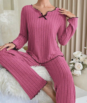Dames Pyjama Set Ribbel Gebreid met Strikje en Volantrand - Comfortabele Loungewear