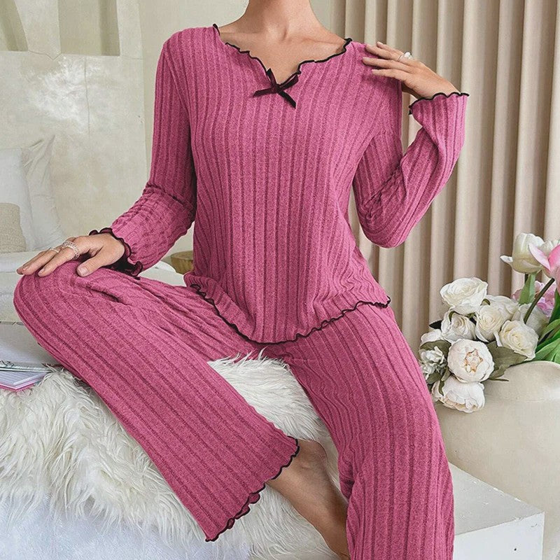 Dames Pyjama Set Ribbel Gebreid met Strikje en Volantrand - Comfortabele Loungewear