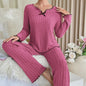 Dames Pyjama Set Ribbel Gebreid met Strikje en Volantrand - Comfortabele Loungewear
