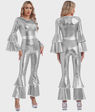 Dames Jumpsuit 70s Disco Metallic Met Wijde Pijpen en Flare Mouwen