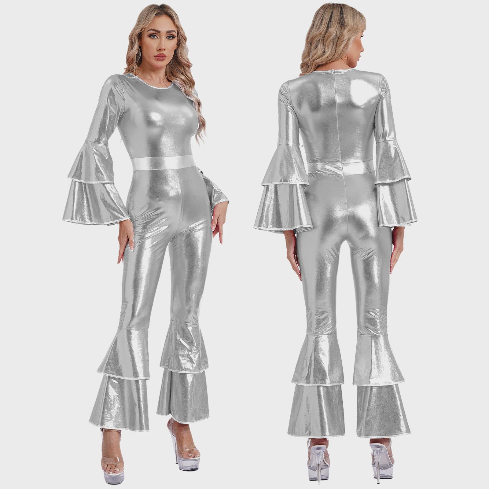 Dames Jumpsuit 70s Disco Metallic Met Wijde Pijpen en Flare Mouwen