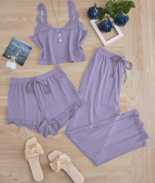 Dames 3-delige Pyjamaset met Kant - Zomer Vest, Shorts & Lange Broek