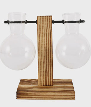 Glazen Vaas met Houten Standaard - Hydroponische Plantenbak voor Bureau & Tafel