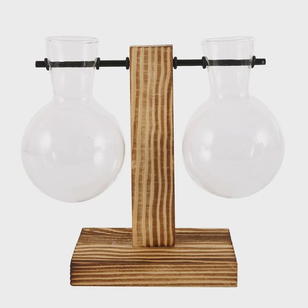 Glazen Vaas met Houten Standaard - Hydroponische Plantenbak voor Bureau & Tafel