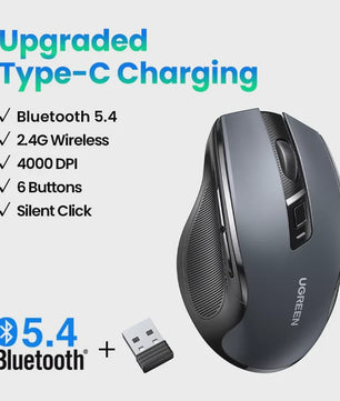 UGREEN Ergonomische Draadloze Muis: Bluetooth 5.0 & 2.4G, 4000 DPI, Stille Knoppen