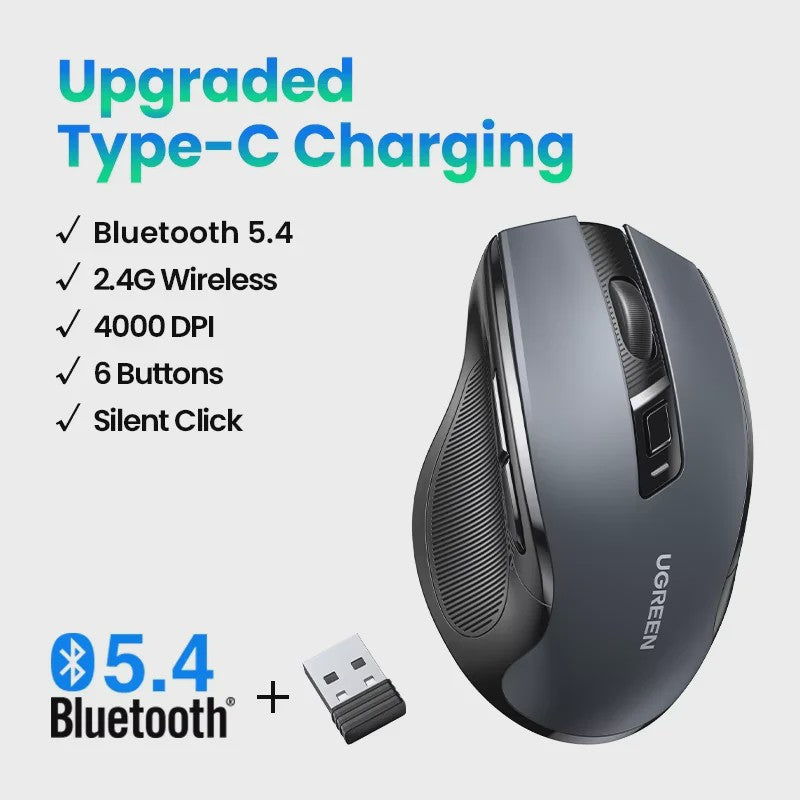 UGREEN Ergonomische Draadloze Muis: Bluetooth 5.0 & 2.4G, 4000 DPI, Stille Knoppen