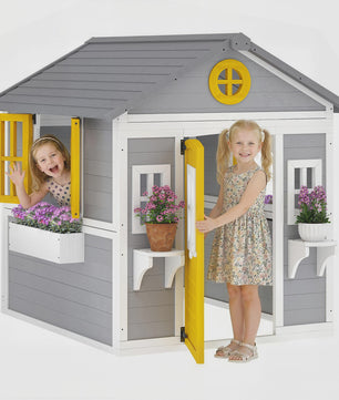 Outsunny Houten Speelhuisje met Deur, Ramen, Bloembakken en Plankjes - 114x126.4x135 cm
