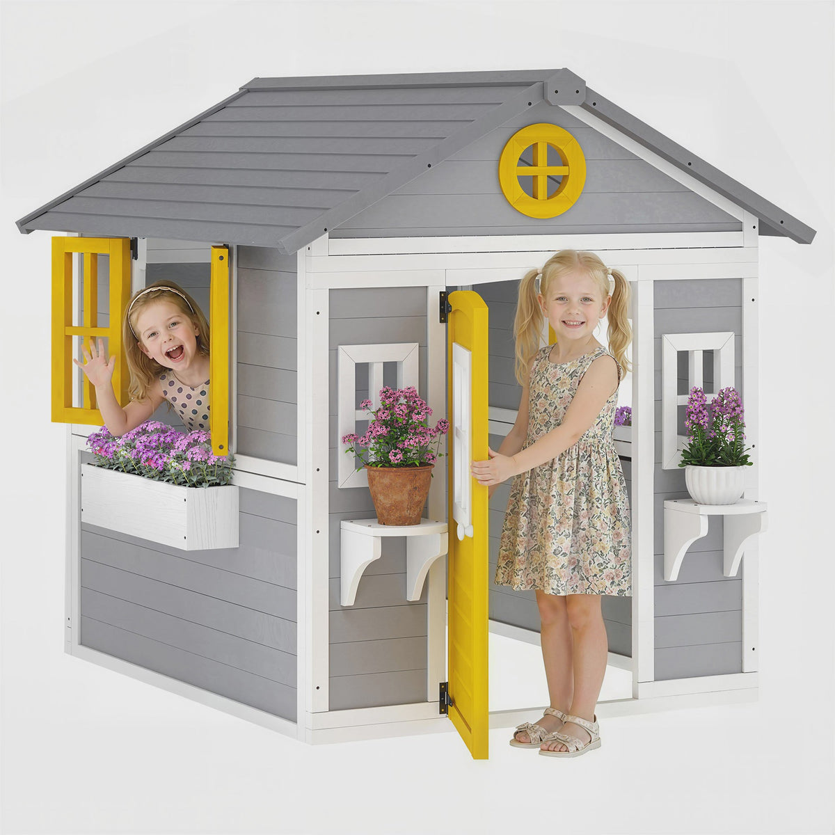 Outsunny Houten Speelhuisje met Deur, Ramen, Bloembakken en Plankjes - 114x126.4x135 cm