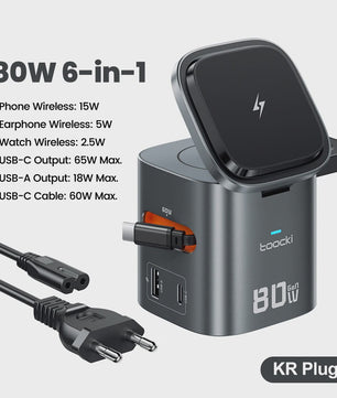 Toocki 80W GaN 6-in-1 Oplaadstation: MagSafe, 65W PD & Intrekbare Kabel