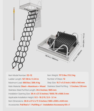 Zoldertrap Inklapbaar - 299 kg Draagkracht - 2.6 - 2.85 m Hoogte - Met Trekstang