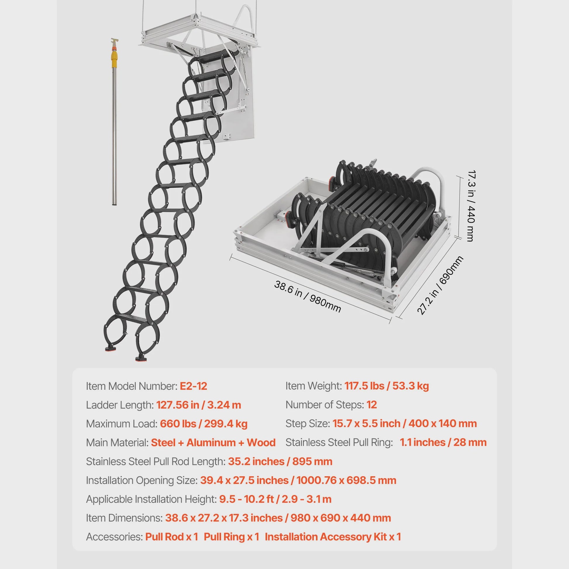 Zoldertrap Inklapbaar - 299 kg Draagkracht - 2.6 - 2.85 m Hoogte - Met Trekstang