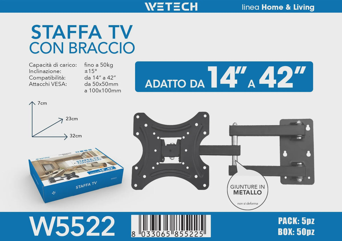 WETECH W5522 Universele Full Motion TV Muurbeugel met Dubbele Arm voor 14-42" Schermen, 50kg Draagvermogen, VESA 50-100mm