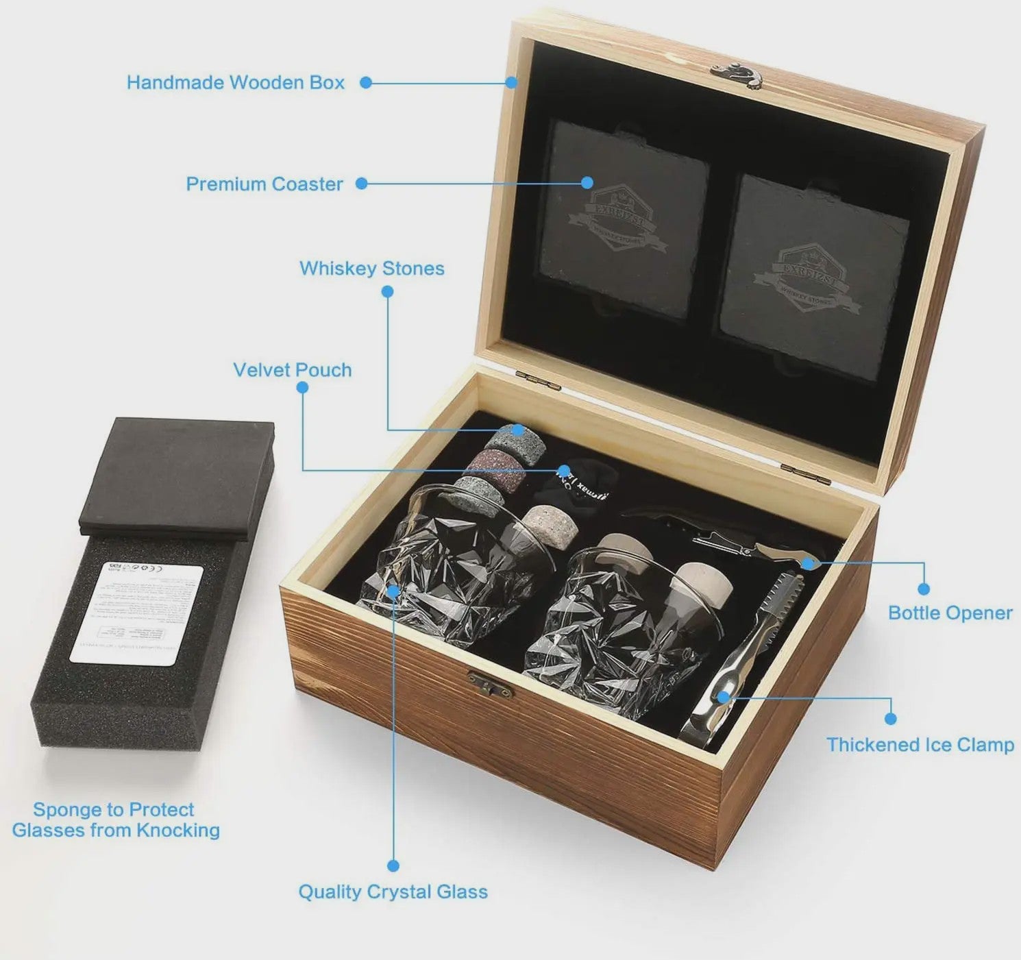 Luxe Whiskey Set met Glazen en Granieten Stenen - Houten Cadeaubox