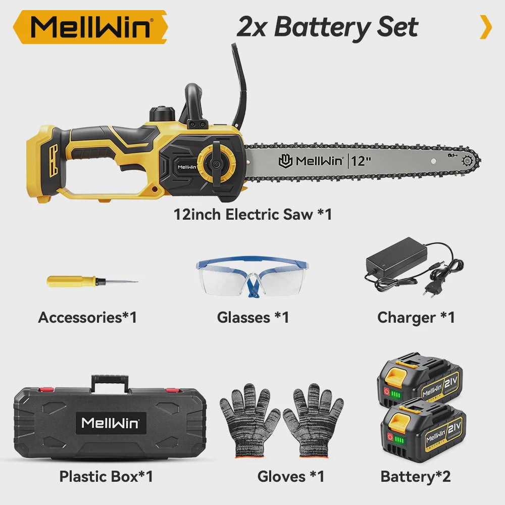 Mellwin 12-Inch Accu Kettingzaag - Krachtig 3000W Brushless, Automatische Olie Systeem