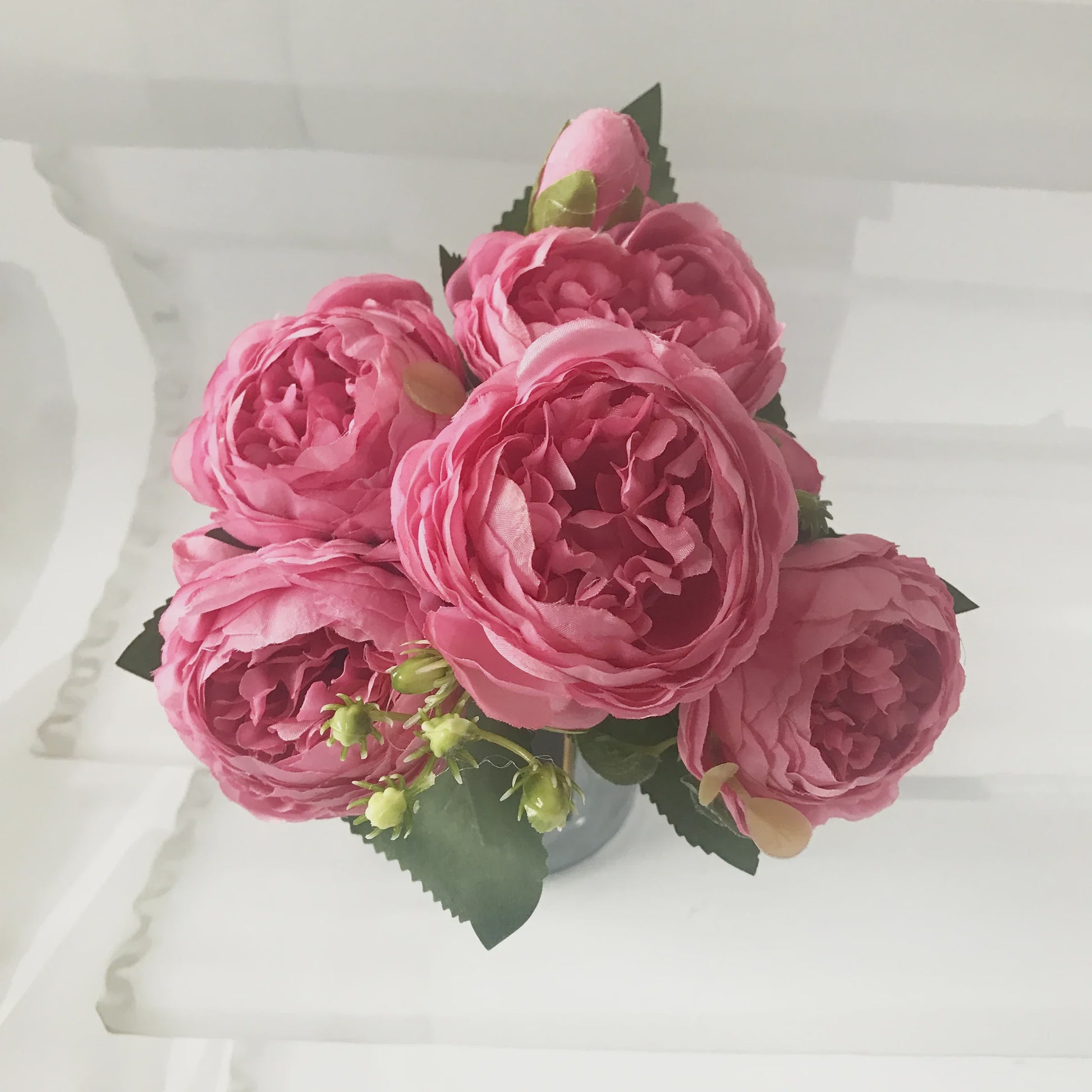 Roze Zijden Pioen Kunstboeket 30cm - 5 Grote Bloemen & 4 Knopen voor Decoratie