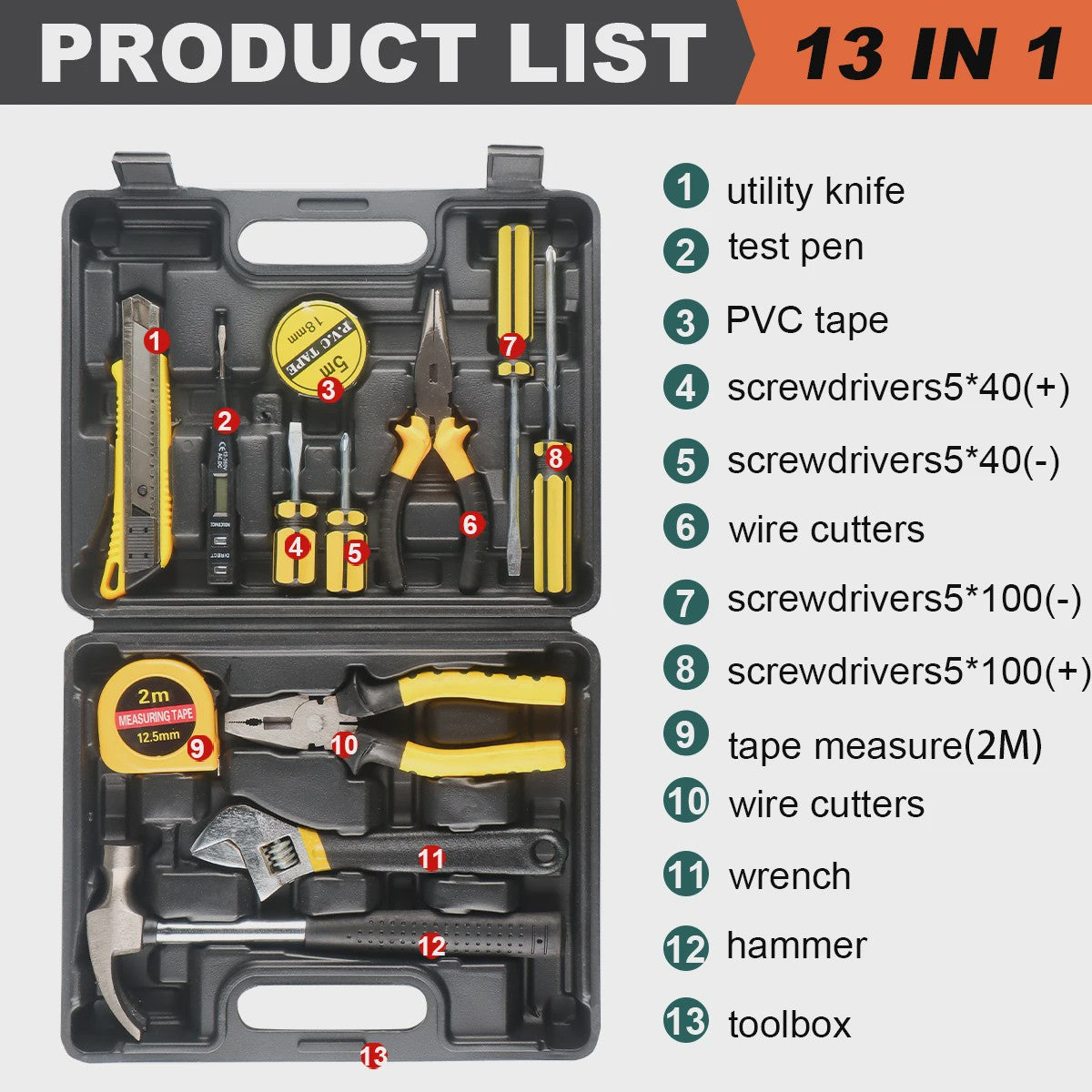 Complete Gereedschapskist Set - 8-13 Delig Huishoudgereedschap voor Auto- en Huisreparaties