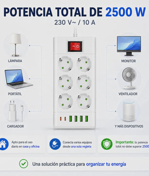 Universele Stekkerdoos met 6/8 Schuko Stopcontacten en 6 USB Poorten (C/A) - 2m Kabel, 2500W