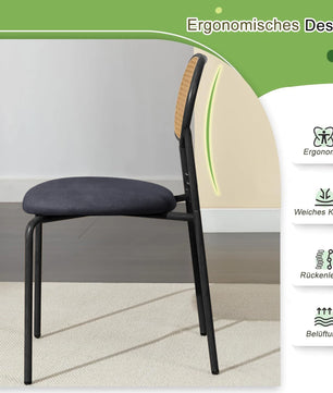 Set van 2 Rotan Eetkamerstoelen – Gestoffeerde Stoelen met Handgeweven Rugleuning en Verstelbare Metalen Poten – Zwart & Houtkleur – Geschikt voor Eetkamer, Kaptafel of Woonkamer