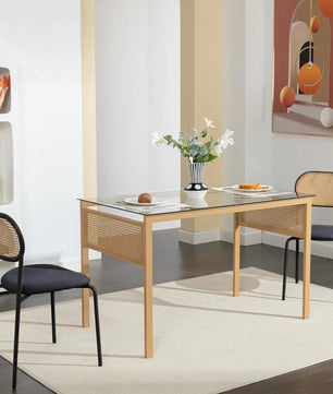 Set van 2 Rotan Eetkamerstoelen – Gestoffeerde Stoelen met Handgeweven Rugleuning en Verstelbare Metalen Poten – Zwart & Houtkleur – Geschikt voor Eetkamer, Kaptafel of Woonkamer