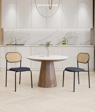 Set van 2 Rotan Eetkamerstoelen – Gestoffeerde Stoelen met Handgeweven Rugleuning en Verstelbare Metalen Poten – Zwart & Houtkleur – Geschikt voor Eetkamer, Kaptafel of Woonkamer