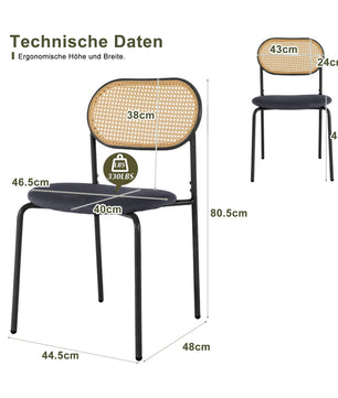 Set van 2 Rotan Eetkamerstoelen – Gestoffeerde Stoelen met Handgeweven Rugleuning en Verstelbare Metalen Poten – Zwart & Houtkleur – Geschikt voor Eetkamer, Kaptafel of Woonkamer