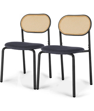 Set van 2 Rotan Eetkamerstoelen – Gestoffeerde Stoelen met Handgeweven Rugleuning en Verstelbare Metalen Poten – Zwart & Houtkleur – Geschikt voor Eetkamer, Kaptafel of Woonkamer