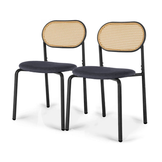 Set van 2 Rotan Eetkamerstoelen – Gestoffeerde Stoelen met Handgeweven Rugleuning en Verstelbare Metalen Poten – Zwart & Houtkleur – Geschikt voor Eetkamer, Kaptafel of Woonkamer