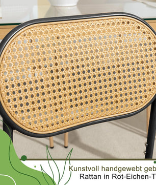 Set van 2 Rotan Eetkamerstoelen – Gestoffeerde Stoelen met Handgeweven Rugleuning en Verstelbare Metalen Poten – Zwart & Houtkleur – Geschikt voor Eetkamer, Kaptafel of Woonkamer