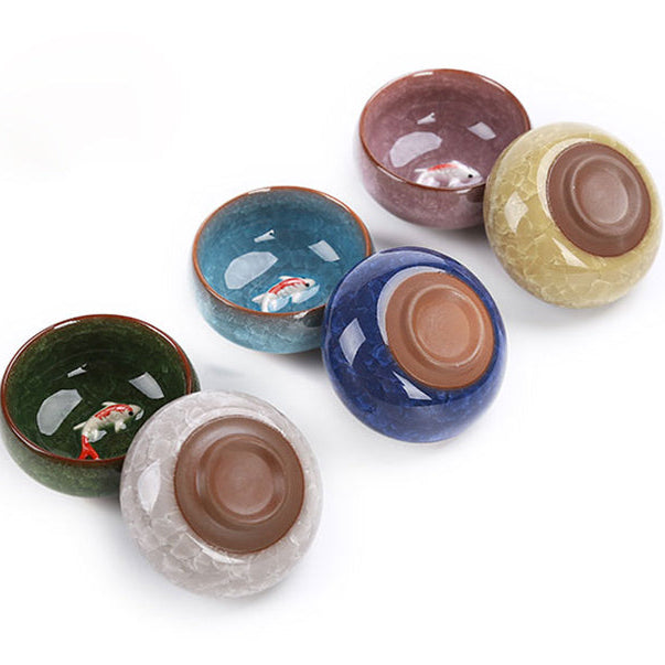 Set van 6 Porseleinen Theekopjes – Chinese Kung Fu Theeset met Crackle Glazuur