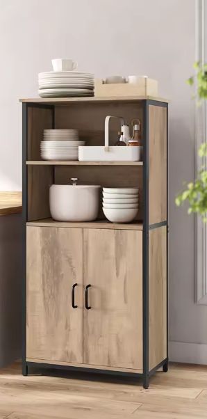 Hoge Opbergkast met 2 Open Vakken en Verstelbare Planken – 60×35×124,5 cm
