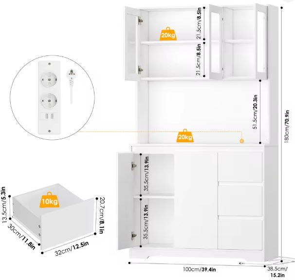 Keukenbuffetkast met LED, Lades en Stopcontact – 180 cm Hoog