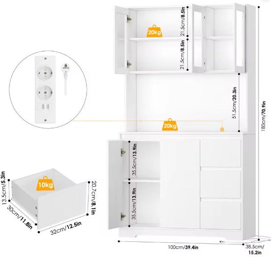 Keukenbuffetkast met LED, Lades en Stopcontact – 180 cm Hoog