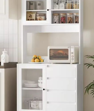 Hoge Witte Keukenkast met Glazen Deuren & 4 Lades – 180 cm
