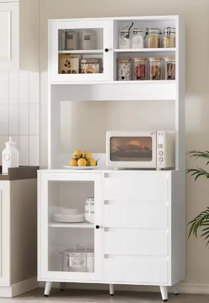 Hoge Witte Keukenkast met Glazen Deuren & 4 Lades – 180 cm
