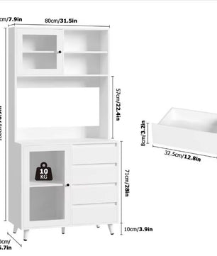 Hoge Witte Keukenkast met Glazen Deuren & 4 Lades – 180 cm