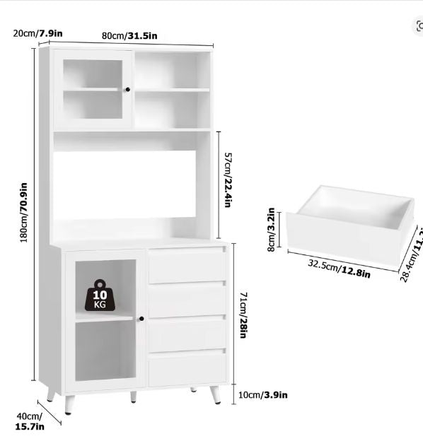Hoge Witte Keukenkast met Glazen Deuren & 4 Lades – 180 cm