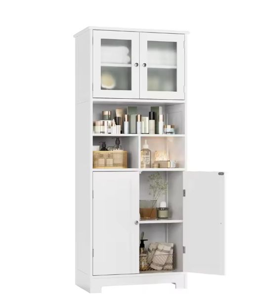 Hoge Badkamerkast met Glazen & Houten Deuren – 147,5 cm