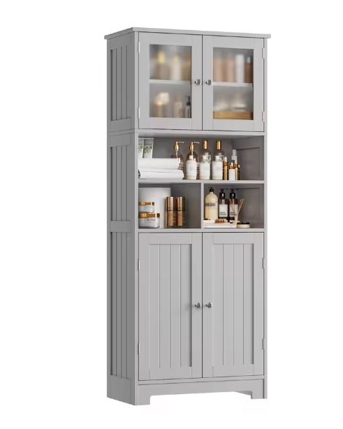 Hoge Badkamerkast met Glazen & Houten Deuren – 147,5 cm