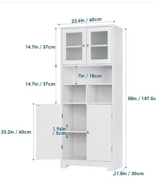 Hoge Badkamerkast met Glazen & Houten Deuren – 147,5 cm