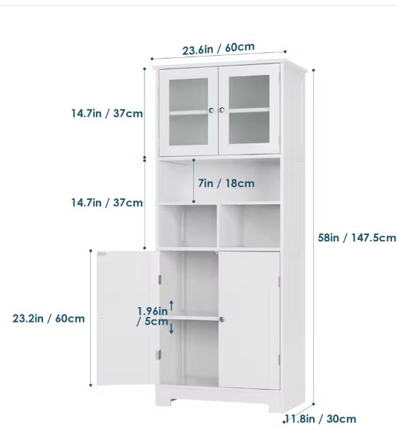 Hoge Badkamerkast met Glazen & Houten Deuren – 147,5 cm