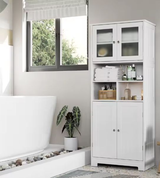Hoge Badkamerkast met Glazen & Houten Deuren – 147,5 cm