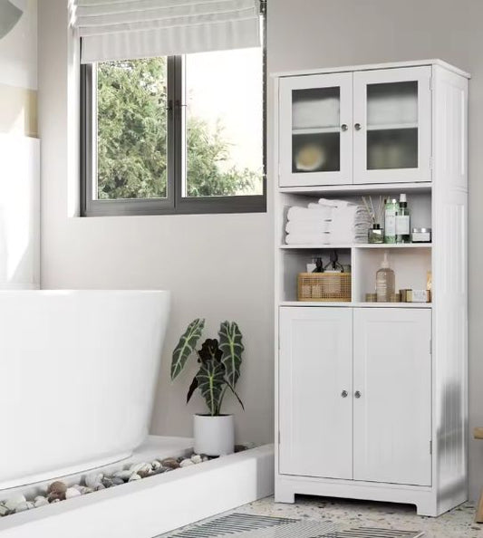 Hoge Badkamerkast met Glazen & Houten Deuren – 147,5 cm