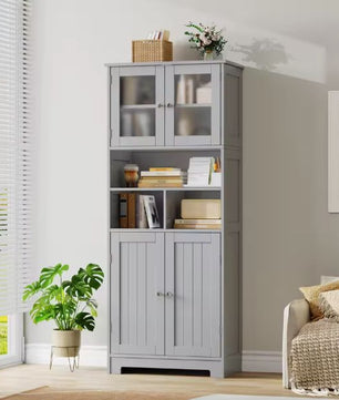 Hoge Badkamerkast met Glazen & Houten Deuren – 147,5 cm