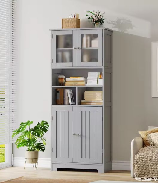 Hoge Badkamerkast met Glazen & Houten Deuren – 147,5 cm