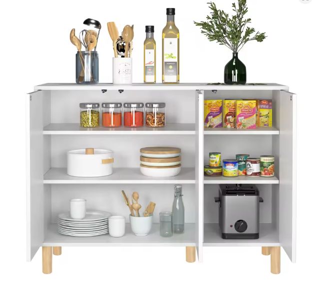 Wit Houten Keukendressoir met 3 Deuren & Houten Poten – 107 cm