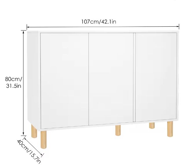 Wit Houten Keukendressoir met 3 Deuren & Houten Poten – 107 cm
